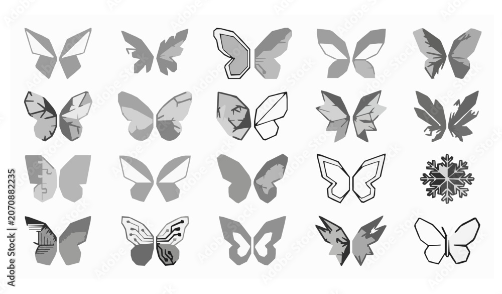 Obraz premium Modern Geometric Butterfly Wing Icons Minimal Line Art Vector Collection