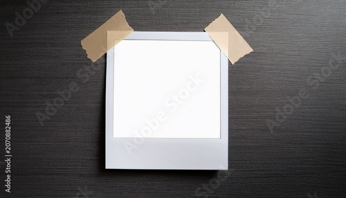 a blank white polaroid sheet of paper taped to the wall with beige masking tape