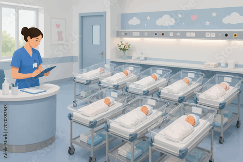Bild auf Leinwand Nurse checking on newborn babies in maternity ward nursery