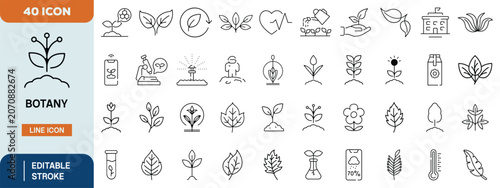 Photos Botany Line Icon Set with Plants, Leaves, Sustainability, Ecology and Nature Ele