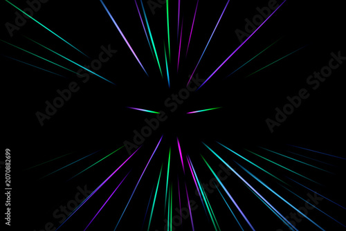 Abstract radial zoom blur in green, blue, purple and pink tones on a black background. Thin luminous streaks radiate outward, forming a crisp futuristic burst with clean high‑contrast motion.