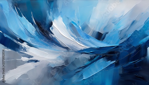 abstract painting creating a dynamic background with blue and gray artistic strokes and textured paint splatters