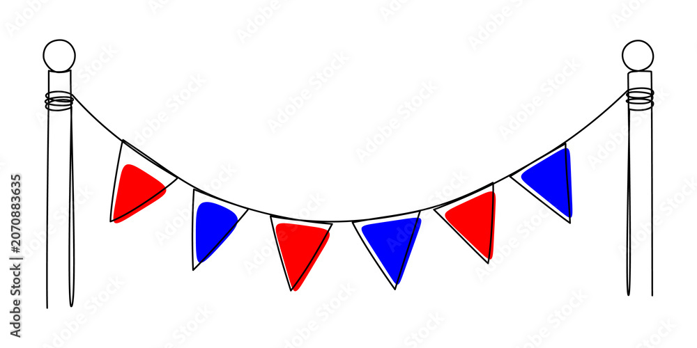Obraz premium One line art drawing of festive party garland with triangle pennants. Continuous outline sketch of birthday bunting decoration for celebration events and happy carnival festivals.
