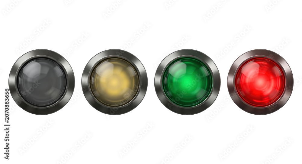 Fototapeta premium Industrial indicator lights gray yellow green and red, isolated on transparent background