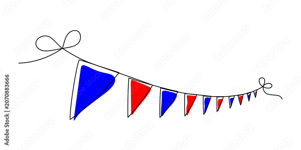 Obraz premium Continuous line drawing captures party bunting with decorative pennants. Single outline art of festive garland for birthday celebrations, carnival events, and jubilee festivals with doodle style.