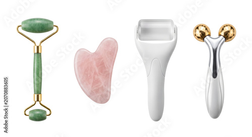 Konstfotografi Skincare tools jade roller gua sha and metal massager, isolated on transparent b