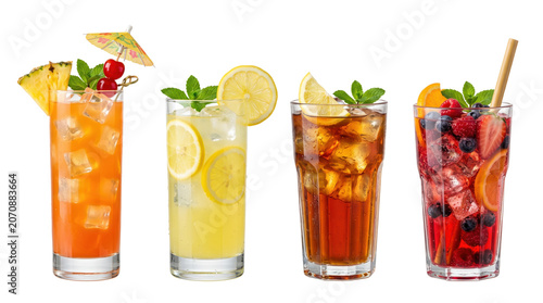Assorted summer cocktails including mai tai lemonade iced tea, isolated on transparent background