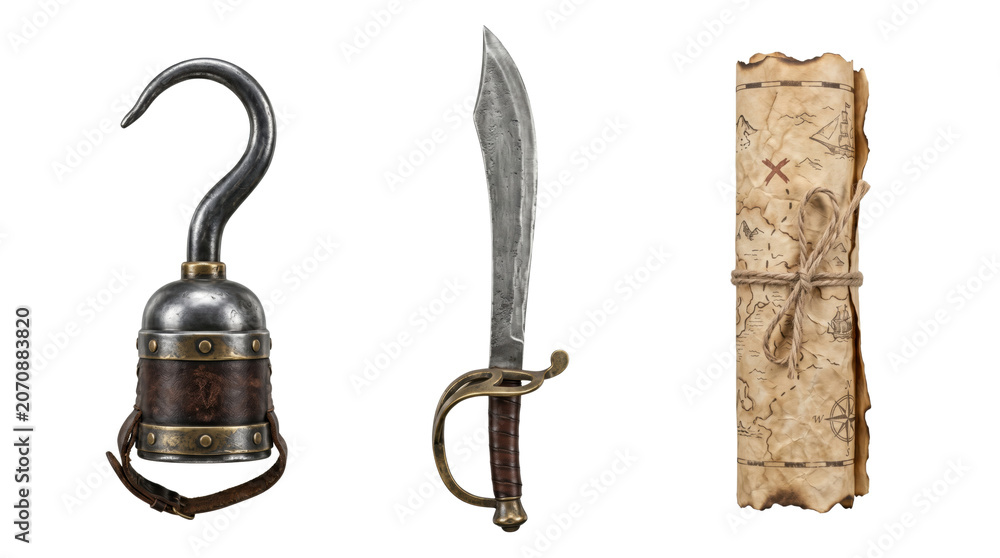 Fototapeta premium Vintage pirate equipment hook cutlass and treasure map, isolated on transparent background