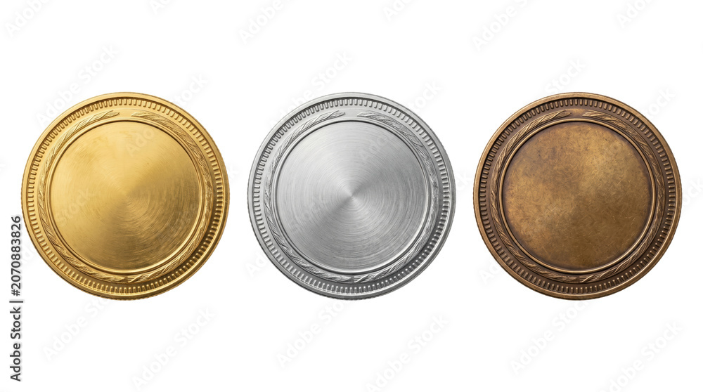 Obraz premium Gold silver and bronze blank winner medals set, isolated on transparent background