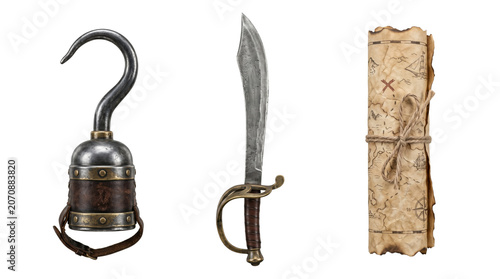 Foto Vintage pirate equipment hook cutlass and treasure map, isolated on transparent