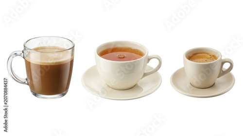 Foto Selection of coffee and tea drinks in white cups