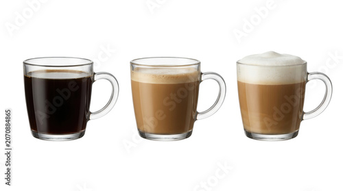 Cuadro en lienzo Glass coffee mugs with espresso americano and cappuccino, isolated on transparen