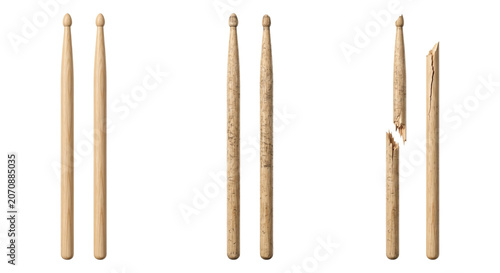 Quadro su tela Wooden drumsticks showing wear progression from new to broken, isolated on trans