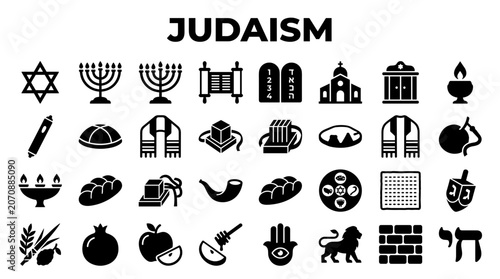 Schilderij op canvas Collection of Judaism symbols and icons representing Jewish culture religious objects and traditions in a clean graphic design