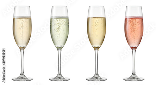 Canvas Print Champagne flutes with various sparkling white and rose wines, isolated on transp