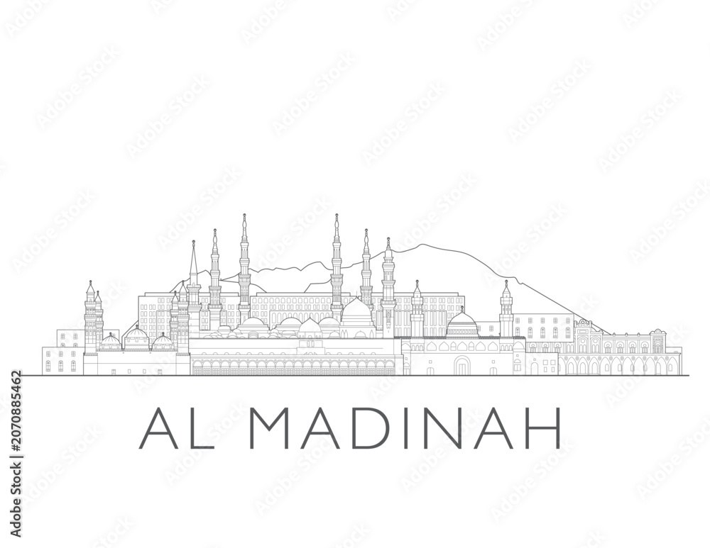 Obraz premium Medina skyline, Saudi Arabia,. Urban cityscape with landmarks and monuments. Hand drawn line art digital skyline illustration.