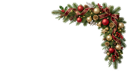 Christmas corner border with red and gold ornaments isolated on transparent background