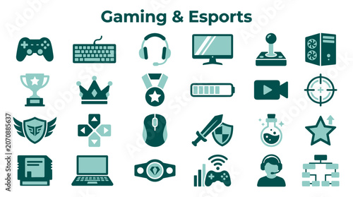Gaming and Esports Icons Collection Representing Digital Entertainment and Competition Diverse Symbols for Online Gaming and Electronic Sports Culture
