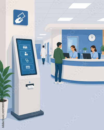 Patient registering at hospital using self service kiosk for check in