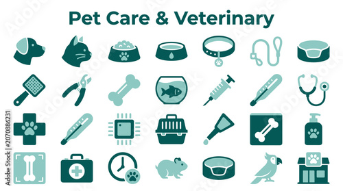 Konstfotografi Collection of veterinary and pet care icons representing animal health services,