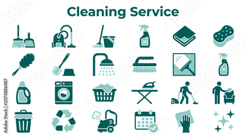 Fotografie Cleaning service icons set with various household cleaning tools and equipment f