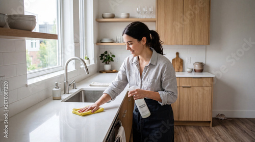 Woman cleaning a modern kitchen while a mouse hides nearby, illustrating hidden pest infestation, household hygiene challenges, sanitation concerns and rodent control awareness.