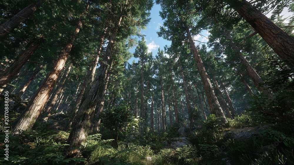 Fototapeta premium Towering ancient trees reaching towards a bright blue sky in a sunlit forest.