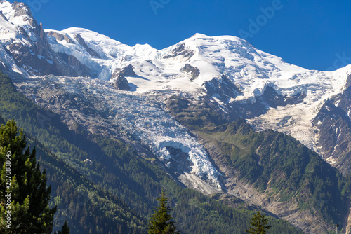Mont Blanc summit and the majestic Bossons glacier in Chamonix French Alps