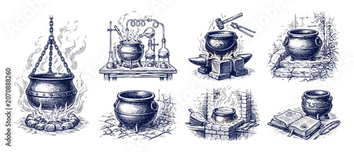 Canvastavla Witch cauldron engraving illustration set featuring medieval alchemy lab tools,