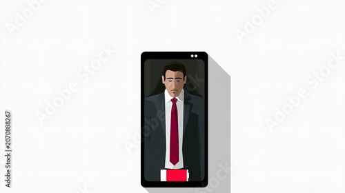 Business professional displayed on a smartphone with a depleted battery indicator