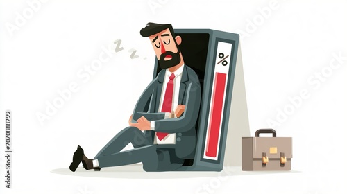 Businessman sleeping inside a progress bar with percentage symbol