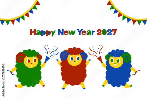 2027年未年の年賀状: クラッカーで祝う3匹の羊