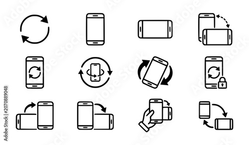 Photos Black and white rotate mobile phone icon set with device rotation symbols isolat