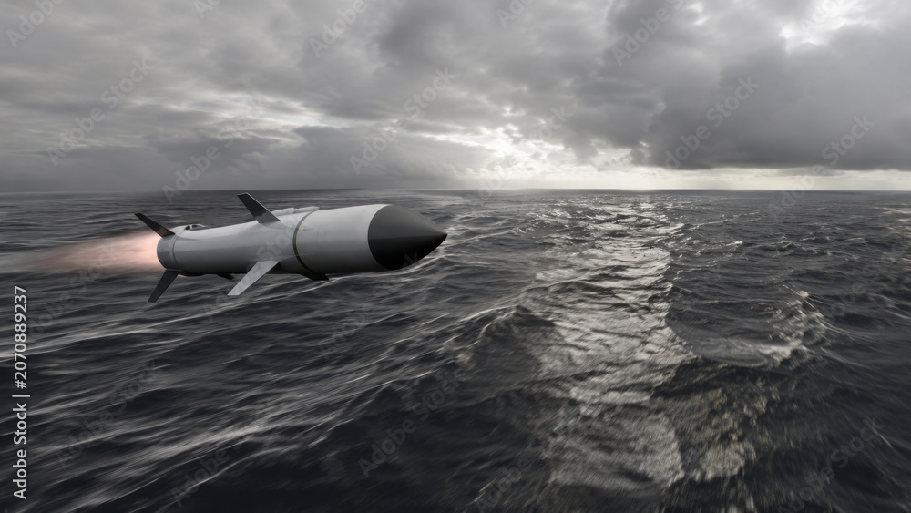 Fototapeta premium Sea-Skimming Cruise Missile Flying Over Ocean Toward Maritime Target