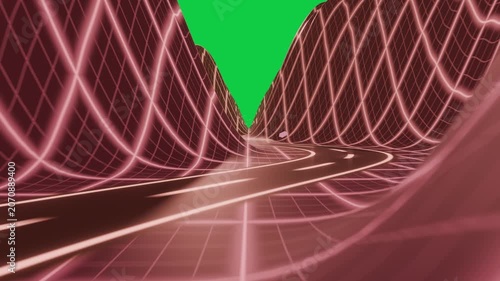 Camera moving into neon grid valley, road guiding toward black aperture, background transparent