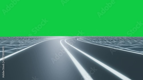 Neon road gliding forward as horizon flare appearing, guiding viewer focus across transparent grid