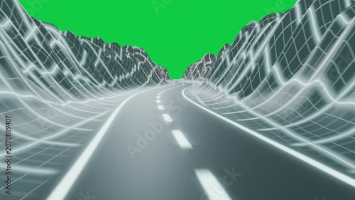 On start camera at center pushing toward lights to reveal neon road, mesh hills, transparent bg