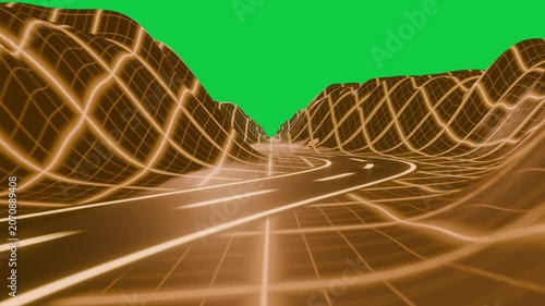 Neon road moving as camera push revealing retro grid hills, guiding to horizon lights, transparent