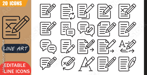 Obraz na plátne Isolated rewrite paraphrase icons set, 20 editable line art icons set, reword, r