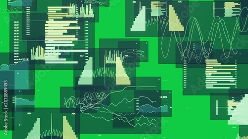 On load floating data panels spawning, scaling and charts animating to show market, transparent bg