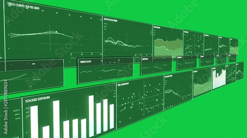 Camera sweep initiating panning data wall, revealing charts and dots on transparent bg for insight