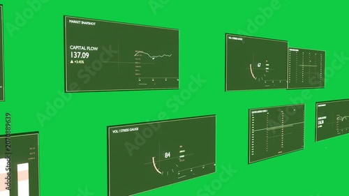 On play camera panning, finance panels rotating in transparent 3D void revealing market metrics