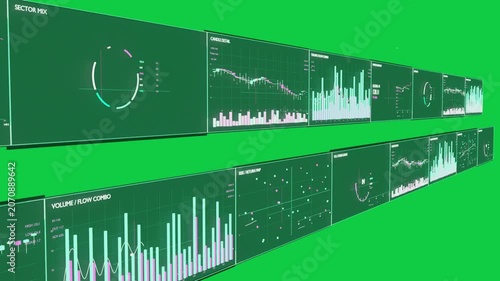 On play camera gliding along teal panel over transparent void, revealing tiles, showing market data