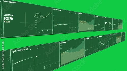 Camera gliding revealing parallel data panels, showing financial insights on transparent bg