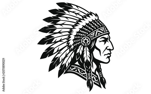 Native American Indian chief head with feathers, tribal vector icon