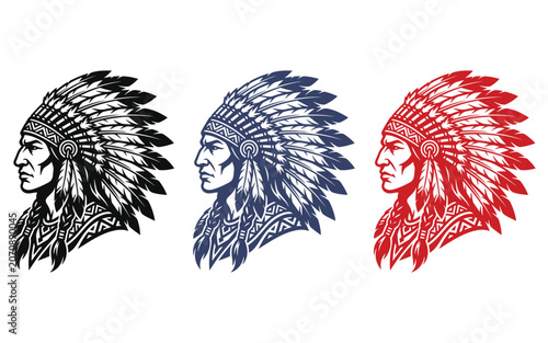 Native American Indian chief head feather headdress vector icons, black, blue and red