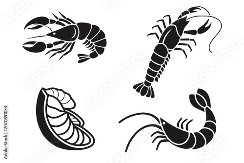 Black and white shrimp and lobster illustrations