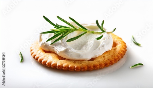 a single flavorful cracker topped with cream cheese and rosemary on a white background
