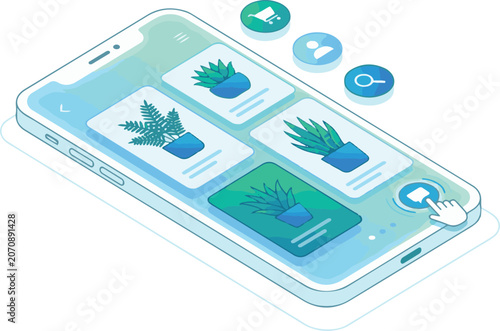 Isometric smartphone app plant shop interface