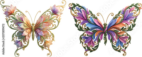 Two ornate butterfly designs with floral